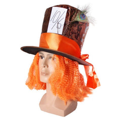 Deluxe Crazy Hatter Hat in brown with orange band and attached wild hair – adult women’s costume accessory