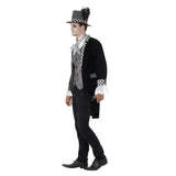 Deluxe Dark Hatter Men's Costume, Black jacket, grey mock vest and hat.