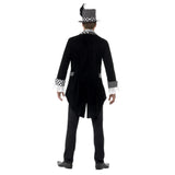 Deluxe Dark Hatter Men's Costume, Black jacket, grey mock vest and hat.