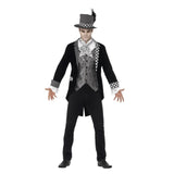 Deluxe Dark Hatter Men's Costume, Black jacket, grey mock vest and hat.