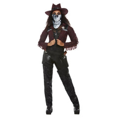 Deluxe Dark Spirit Western Cowgirl Costume, short fringed burgundy jacket, black chaps, hat, holster and mask.