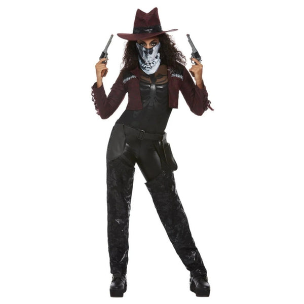 Deluxe Dark Spirit Western Cowgirl Costume, short fringed burgundy jacket, black chaps, hat, holster and mask.