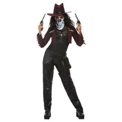 Deluxe Dark Spirit Western Cowgirl Costume, short fringed burgundy jacket, black chaps, hat, holster and mask.