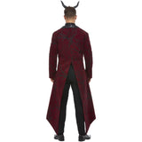 Person wearing a red and black costume with horns on a white background