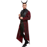 Man wearing a red and black costume with horns on a white background