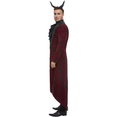Deluxe Devil men’s costume with burgundy glitter jacket, black cravat, and devil horns
