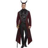Deluxe Devil men’s costume with burgundy glitter jacket, black cravat, and devil horns