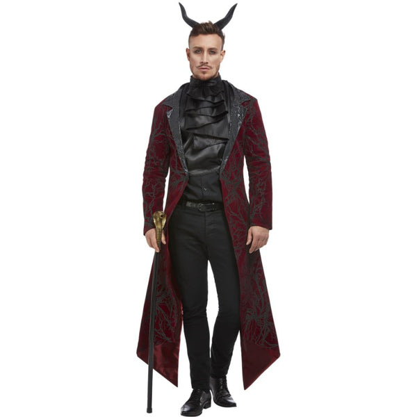 Deluxe Devil men’s costume with burgundy glitter jacket, black cravat, and devil horns