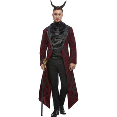 Deluxe Devil men’s costume with burgundy glitter jacket, black cravat, and devil horns