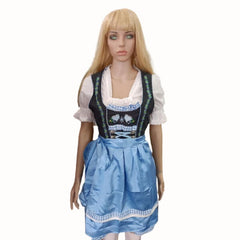 Deluxe Dirndl-Amelia, black bodice, blue and white check skirt with lace up bodice, white top and blue apron.