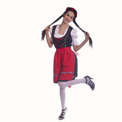 Deluxe Dirndl - Renate, ladies authentic dirndl, top, and apron. in black red and white.
