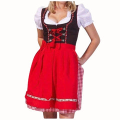 Deluxe dirndl Sofia with red check skirt, black embroidered bodice, cropped blouse, and red apron with trim.