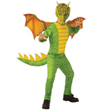 Kids Deluxe Dragon Costume with printed jumpsuit, wings, tail and 3D dragon mask for Book Week, fantasy and Halloween.