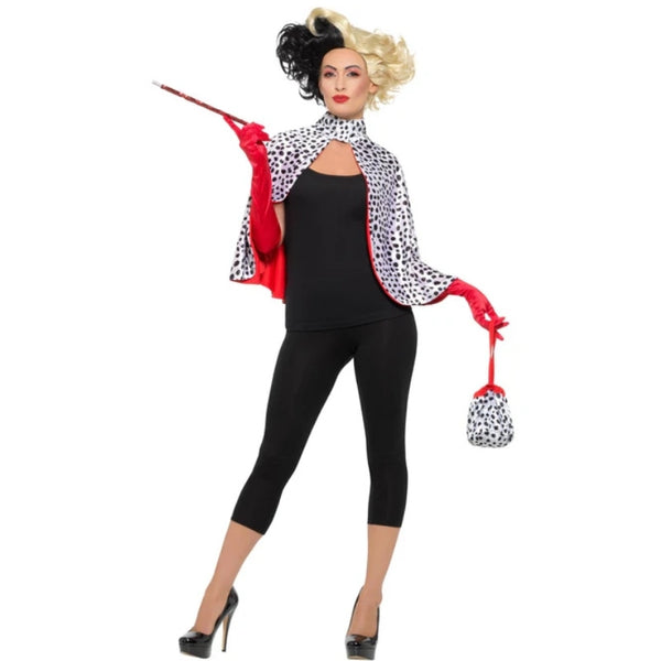 The Deluxe Evil Madame Kit includes a stylish spot cape, a chic bag, red gloves, and a red sequin cigarette holder, providing everything you need for a villainous look.