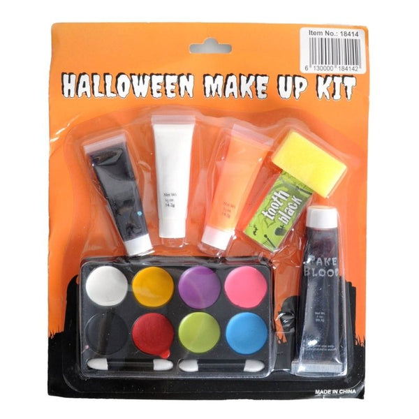 Deluxe Face Paint Set with eight colour palette, three body paints, sponge applicators, fake blood, and tooth black, perfect for Halloween, cosplay, and costume makeup