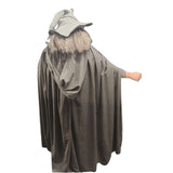 Grey Wizard Costume – Hire rear view displaying cape and classic wizard silhouette