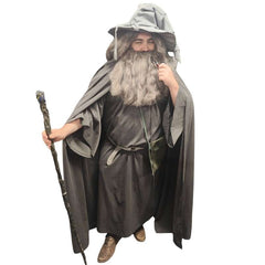 Grey Wizard Costume – Hire front view showing layered grey robe and wizard hat for costume hire in Brisbane