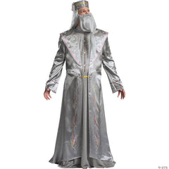 Deluxe Dumbledore Costume – Hire featuring long grey wizard robe, hat with tassel, wig and beard set