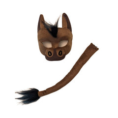 Brown horse mask with a tail on a white background