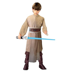 Child wearing an officially licensed Deluxe Jedi Knight Star Wars costume with tunic, belt and boot tops, perfect for Book Week and May the 4th.