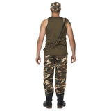Back of men’s military costume showing camouflage pattern and relaxed fit design.