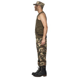Side profile of khaki camo costume highlighting vest cut, hat style, and military aesthetic.
