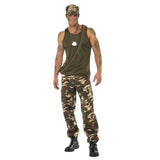 Full view of men’s deluxe khaki camo costume with vest and trousers