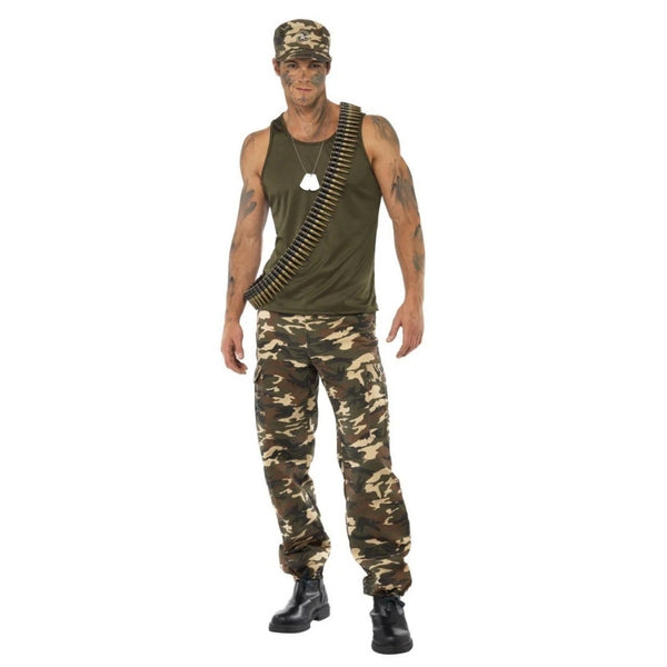 Full view of men’s deluxe khaki camo costume with vest and trousers