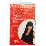 Packaging for deluxe long black wig with fringe.