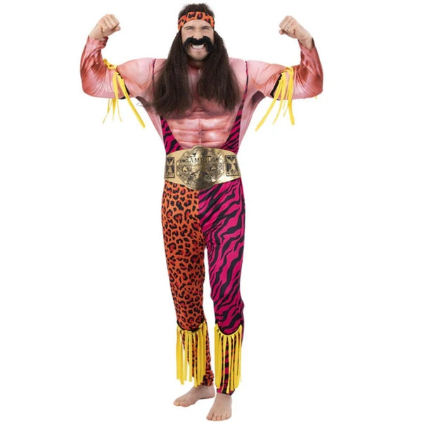 Deluxe Male Wrestler Costume, all in one jumpsuit with padded muscle chest and belt. Animal print jumpsuit.