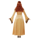 Back view of Medieval queen style costume in gold  with full sleeves