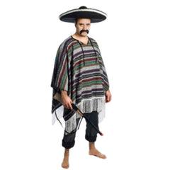 Deluxe Mexican Poncho - Grey, striped in mutted tones with white fringing.
