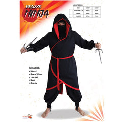 Adult ninja costume with black tunic, hood, face scarf, and red trim
