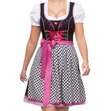 Deluxe dirndl Mia costume with black dress, embroidered bodice, pink check hem, cropped blouse, and check apron with pink bow.