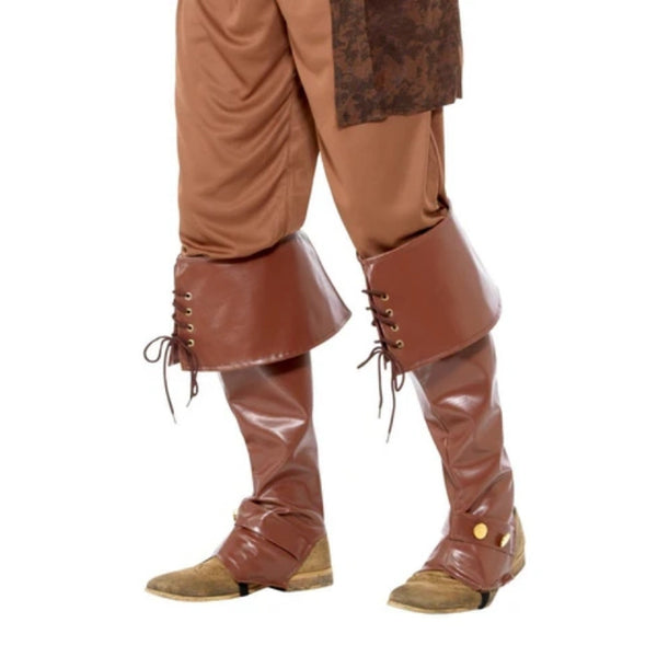 Brown deluxe pirate boot covers with cuffs, lacing, and gold button detail, designed to wear over shoes