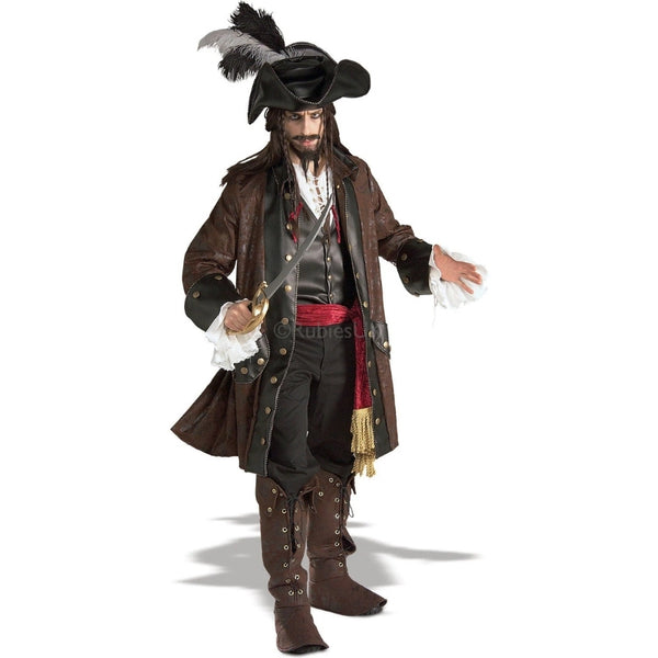 Deluxe pirate captain costume with brown coat and hat for hire Brisbane