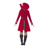 Ladies red pirate captain costume with boot covers rear view