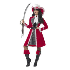 Deluxe pirate captain costume for women with red jacket dress and lace trim