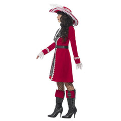 Deluxe pirate captain costume for women with red jacket dress and lace trim