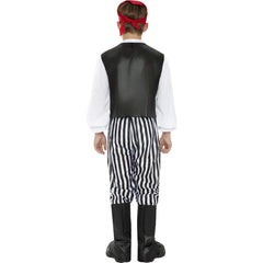 Deluxe Pirate Costume for boys with waistcoat, striped trousers, boot covers and headscarf for Book Week