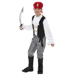 Deluxe Pirate Costume for boys with waistcoat, striped trousers, boot covers and headscarf for Book Week