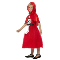 Deluxe Red Riding Hood - Girls, dress with net overlay over skirt, corset look bodice and attached apron, plus hooded cape.