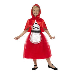 Deluxe Red Riding Hood - Girls, dress with net overlay over skirt, corset look bodice and attached apron, plus hooded cape.