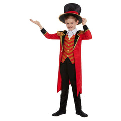 Deluxe Ringmaster Boys Costume, red jacket with epalets, mock stripe red and gold stripe vest, black trousers and top hat.