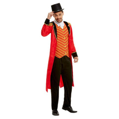 Deluxe Ringmaster Costume in red with long jacket, mock shirt, and black trousers for circus or carnival themes