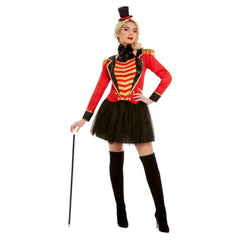 Deluxe Ringmaster Lady Costume, Red jacket, mock vest, skirt, hat.