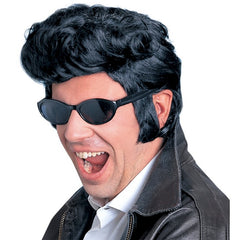 Black retro rock'n'roll wig with curled hairstyle and sideburns for 1950s costumes
