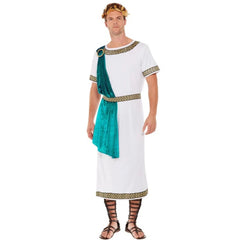 Deluxe roman empire emperor toga costume with braid trim, attached green drape, laurel and belt.
