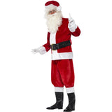 Santa Claus costume with red suit, white beard, and black boots on a white background