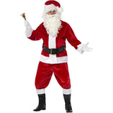 Deluxe Santa Claus costume set with red jacket, trousers, hat, belt, gloves, and boot covers by Smiffys